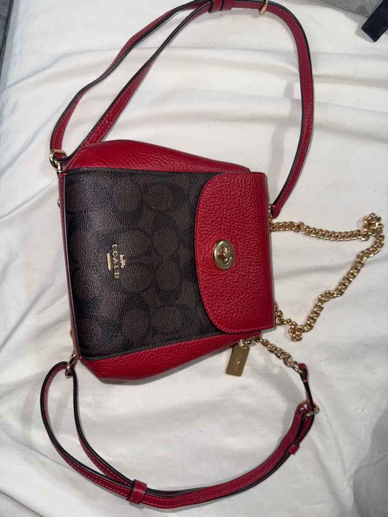 Coach Red Leather & Signature Canvas Turnlock Mini Backpack And Wrist Wallet